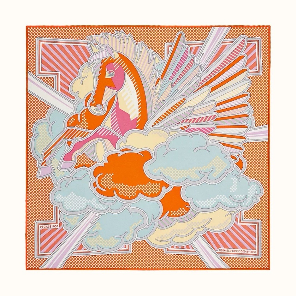 Hermes Pegase Pop LIMITED EDITION scarf 45 orange rose pink bleu blue clair